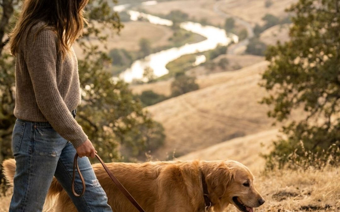 A person walking a leashed golden retriever on an oak-shaded trail above a California valley, with golden hills and a river below.