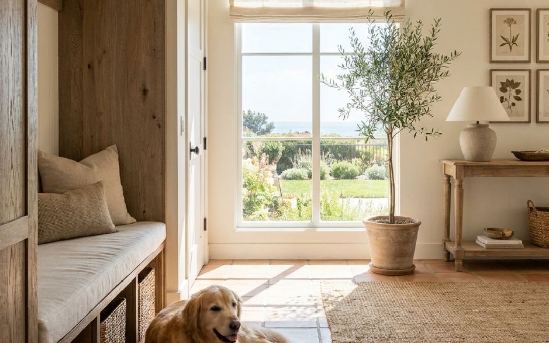 A sunlit entry hall with oak built-in bench, terracotta tile floor, jute rug and potted olive tree, a golden retriever resting by the window with an ocean view beyond.